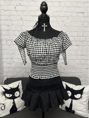Y2K Suzy Shier Black White Gingham Print Shirred Waist Cold Shoulders Blouse XS